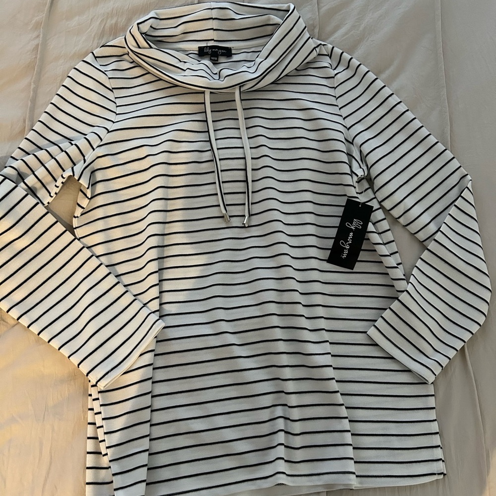 Black and White Striped Cowl neck Sweater